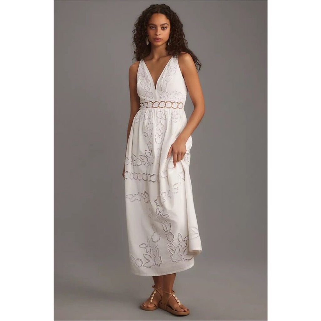 Anthropologie Vineet Bahl Sleeveless V-Neck Floral Cutwork Midi Dress